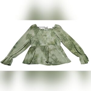 Creneau Women Top Olive Green Size XL Smocked Bodice Sheer Sleeves Chic Blouse